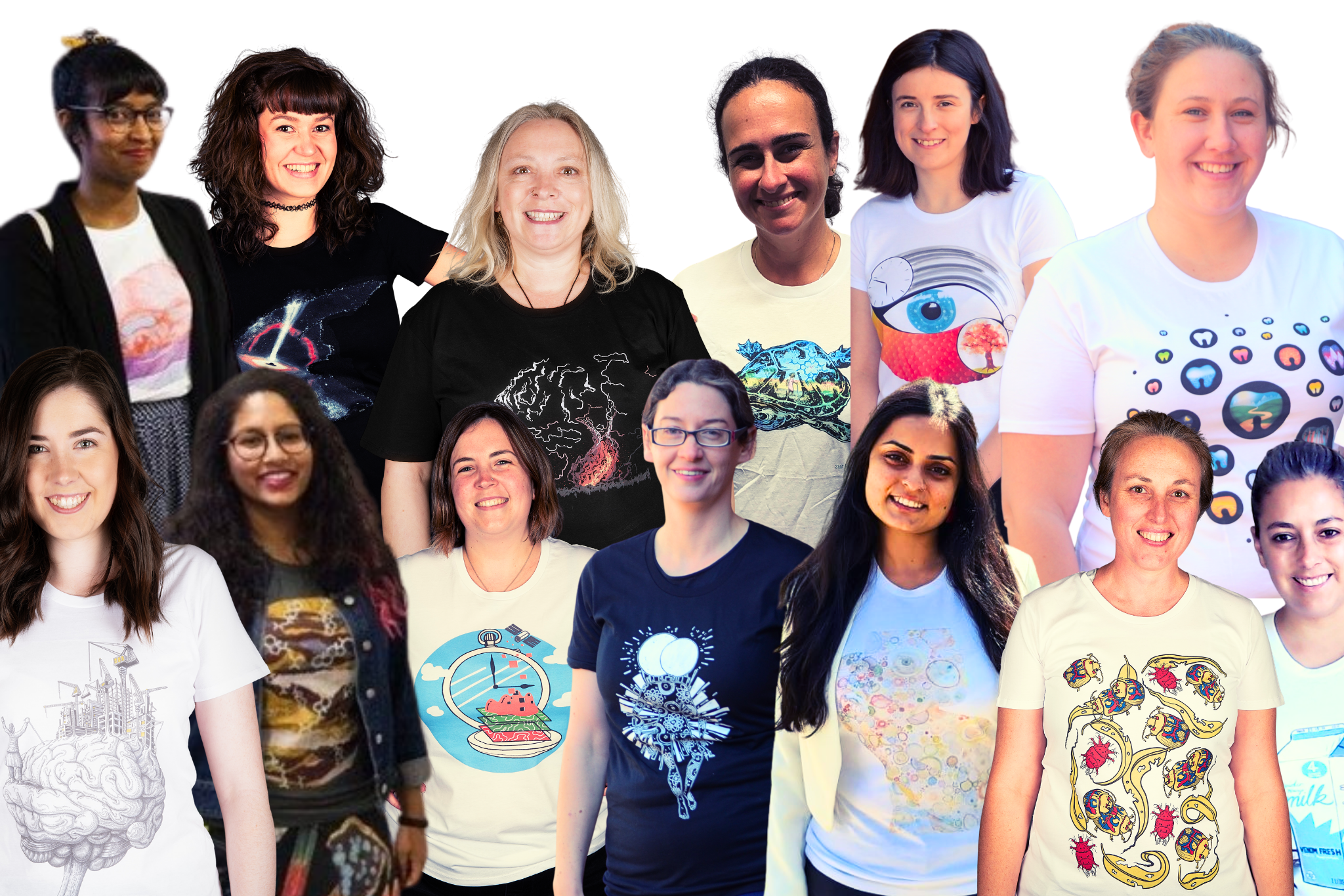 Collage of women in STEM all in their Shirty Science shirt design. 